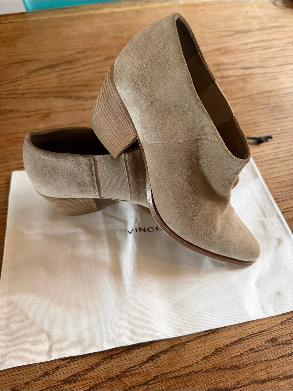 Vince Suede Tan Slip-On Mules with Stacked Heel